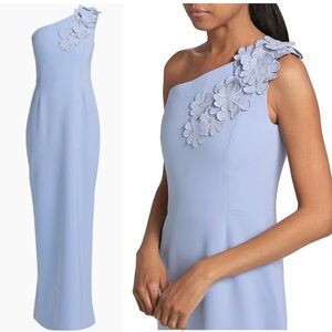CATHERINE REGEHR Barcelona Floral Applique One-Shoulder Gown in Light Blue Dress